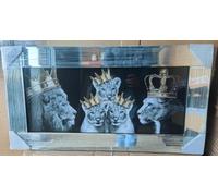 Biznest 3D Liquid Glitter Art Work Mirrored Frame Lion Royal Family Golden Crown Diamante Wall Hung Glass King Queen Cubs Black Gold Landscape 85 X 45 Cm (NEW KING & QUEEN WITH 3X BOY)