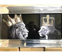 Biznest 3D Liquid Glitter Art Work Mirrored Frame Lion Royal Family Golden Crown Diamante Wall Hung Glass King Queen Cubs Black Gold Landscape 85 X 45 Cm (KING & QUEEN ONLY)