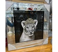 Biznest 3D Liquid Glitter Artwork In Mirrored Frame Lion Royal Family Golden Crown Diamante Wall Decor 55 Cm (1X Girl)