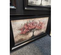 Biznest 3D Pink Blossom Leaf Tree Liquid Rectangular Wall Art Hanging Silver Frame Chrome Looks 85 X 45 Cm