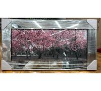 Biznest 3D Pink Blossom Tree Scene Liquid Rectangular Shaped Wall Art Hanging Silver Frame Chrome Looks 85 X 45 Cm