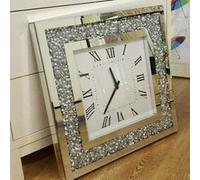 Biznest 40Cm Wall Clock Square Double Strap Crushed Diamante Diamond Crystal Mirror Crushed Jewel Roman Numbers