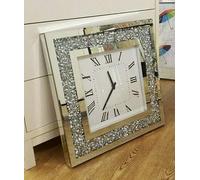 Biznest 40Cm Wall Clock Square Double Strap Crushed Diamante Diamond Crystal Mirror Crushed Jewel Roman Numbers Clock Room Decoration