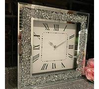 Biznest 45X45Cm Extra Large Wall Clock Square Crushed Diamante Diamond Crystal Mirror Crushed Jewel Roman Numbers Clock Room Decoration