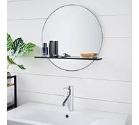 Biznest 50Cm Frameless Bathroom Mirror With Wooden Shelf Small Wall Shaving Storage Round Mirrors