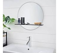 Biznest 50Cm Frameless Bathroom Mirror With Wooden Shelf Small Wall Shaving Storage Round Mirrors