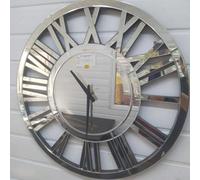 Biznest 60Cm Mirrored Wall Clock Large Roman Numeral Silver Finish Modern Decorative