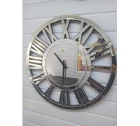 Biznest 60Cm Round Mirrored Wall Clock Large Roman Numeral Silver Finish Modern Decorative