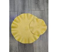 Biznest 8Pcs Set Round Wavy Rattan 4X Placemats 4X Coasters Dining Table Yellow 38Cm