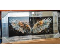 Biznest Angel Wings Glass Picture Liquid Black And White Art Wall Hung Rectangular Shaped Mirrored Frame 3D Glitter Art Deco Style Multicoloured Landscape 85 X 45 Cm (WHITE GOLD WINGS)
