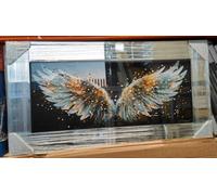 Biznest Angel Wings Glass Picture Liquid White Gold Wall Art Hung Rectangular Mirrored Frame 3D Glitter Art Deco Style 85 X 45 Cm