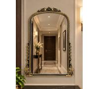 Biznest Arched Top Ornate Design Wall Mounted Glass Mirror Black-Gold Beaded Plastic Framed Hallway Furniture Decor Idea 47X66X2Cm