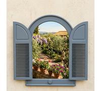 Biznest Arched Top Window Mirror Shutters Grey Plastic Frame Double Door Design Panels Vintage Wall Mounted Rustic 49 X 57 Cm