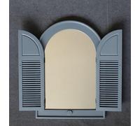 Biznest Arched Window Mirror Shutters Grey Plastic Frame Double Door Design Louvred Panels Vintage Style Wall Mounted 49 X 57 Cm