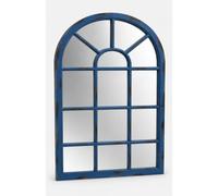 Biznest Arched Window Panel Style Wall-Mounted Garden Mirror Blue Rustic Grid Plastic Frame Indoor/Outdoor Vintage Decor Large Display 69x34Cm