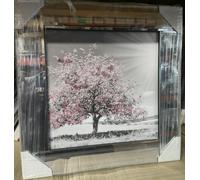 Biznest Blossom Tree Picture in Mirrored Frame Glitter 3D Wall Art Picture Glitter Liquid Art Home Decor 55x55Cm (Pink Silver)