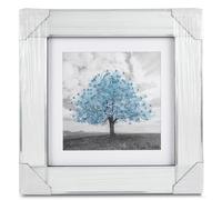 Biznest Blossom Tree Picture in Mirrored Frame Glitter 3D Wall Art Picture Glitter Liquid Art Home Decor 55x55Cm (Sky Blue)