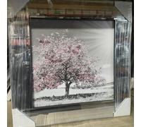 Biznest Blossom Tree Picture In Mirrored Frame Glitter 3D Wall Art Picture Glitter Liquid Art Home Decor 55X55Cm (Pink Silver)