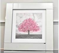 Biznest Blossom Tree Picture in Mirrored Frame Glitter 3D Wall Art Picture Glitter Liquid Art Home Decor 55x55Cm (Pink)