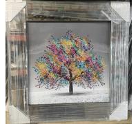 Biznest Blossom Tree Picture in Mirrored Frame Glitter 3D Wall Art Picture Glitter Liquid Art Home Decor 55x55Cm (Multi)