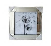 Biznest Blowing Dandelion Crystal Flower Picture Liquid Wall Hanging Art Black & White Mirrored Chrome Frame Sparkly Silver Shimmer Bevelled Glass Gift Perfect Home Decor (55 X 55 CM)