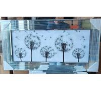 Biznest Blowing Dandelion Crystal Flower Picture Liquid Wall Hanging Art Black & White Mirrored Chrome Frame Sparkly Silver Shimmer Bevelled Glass Gift Perfect Home Decor (85 X 45 CM)