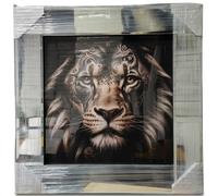 Biznest Bold Lion King & Queen Liquid Glitter Wall Art with Mirrored Edges Square Frame Tribal Tattoo Print Wall Hung Black Picture Home Decor Idea 55x55Cm (KING)