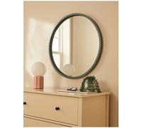 Biznest Classic Round Wall Mounted Mirror Ribbed Bordered Green Finish Wooden Frame Circular Design Glass Construction 60 Cm Dia .