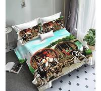 Biznest Complete Bedding Set 4 Pcs Fitted Bed Sheet Duvet Cover 2 Pillow Cases Wagon Caravan Picture Print (Style Caravan 2, Double)