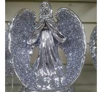 Biznest Crushed Crystal Diamond Silver Angel With Long Wings Ornament Shelf Sitter