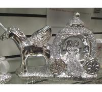 Biznest Crushed Crystal Jewel Loose Diamond Couple Unicorn Carriage Figurine Silver Sparkle Bling Home Decor Sculpture Free Standing Ceramic Shelf Sitter Ornament Display Gift Idea Statue 30 X 20 Cm