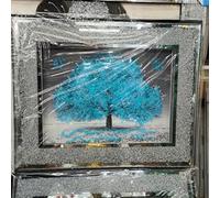 Biznest Crushed Crystal Silver Blossom Tree Modern 3D Glitter Liquid Art Wall Art 45X45Cm (Blue)