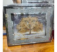 Biznest Crushed Crystal Silver Blossom Tree Modern 3D Glitter Liquid Art Wall Art 45X45Cm (Gold)