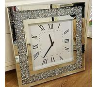 Biznest Crushed Diamante Modern Crystal Mirror Glass Square Wall Clock 45Cm Silver