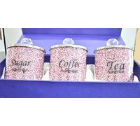 Biznest Crushed Diamond PINK Diamante Tea Coffee Sugar Canisters Jars Organiser Containers Set Gift Present For All Occasion Home Decoration