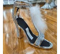 Biznest Crushed Diamond Silver Crystal, Stunning Sparkly White Feather Shoe Ornament,