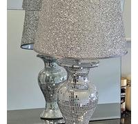 Biznest Crushed Diamond Table Lamp Box Mirror Base Mirrored Crystal Tall Silver Shade Glitz