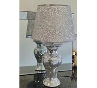 Biznest Crushed Diamond Table Lamp Box Mirror Base Mirrored Crystal Tall Silver Shade Glitz