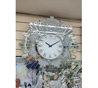 Biznest Crushed Jewel Round 60Cm Sunburst Mirrored Office Wall Clock Modern Living Room Badroom Decor