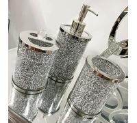 Biznest Crushed Silver Crystal Diamond Bathroom Toilet Set 3 Pieces Bathroom Accessory Set Soap Dish Dispenser Tumbler Toothbrush Holder Silver
