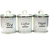Biznest Diamond Crushed & Crystal Filled Set of 3 Kitchen Storage Canisters Tea Coffee Sugar Jars (White)