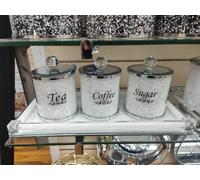 Biznest Diamond Crushed & Crystal Filled Set Of 4 Kitchen Storage Canisters Tea Coffee Sugar Jars With Tray (White)