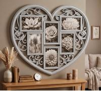 Biznest Distressed Grey Brush White Heart-Shape 6 Multi Aperture Collage Wall Mount Photo Frame Shaby Chic Plastic Vintage 58X52Cm