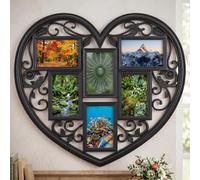 Biznest Distressed Heart-Shaped 6 Multi Aperture Collage Wall Mounted Photo Frame Shabby Chic Plastic Vintage Home Decor Display 58x52.5x1.7Cm (BLACK)