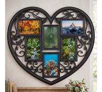 Biznest Distressed Heart-Shaped 6 Multi Aperture Collage Wall Mounted Photo Frame Shabby Chic Plastic Vintage Black Decor 58X52Cm