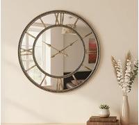 Biznest Double Row Beaded Edges Round Wall Clock Roman Numerals Analogue Large Display Ornate Brass Finish Battery Powered Mirrored Dial Indoor Vintage Home Decor Time Piece 56 X 3.5 Cm (GOLD)