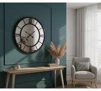 Biznest Double Row Beaded Edges Round Wall Clock Roman Numerals Analogue Large Display Ornate Brass Finish Battery Powered Mirrored Dial Indoor Vintage Home Decor Time Piece 56 X 3.5 Cm (BLACK)