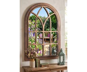 Biznest Elegant Arched Top Distressed Window Soho Wall Mounted Mirror Gothic Style Black Brushed Gold Plastic Panel Frame Indoor & Outdoor Vintage Décor 92x62Cm
