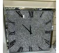 Biznest Full Crushed Base Large Square Jewel Mirror Wall Clock Black Needles Roman Diamante 45Cm Black Hands