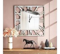 Biznest Full Mirrored Square Wall Clock Large Roman Numeral Clock Silver Finish Modern Home Decorative Mount (60X60 Cm)